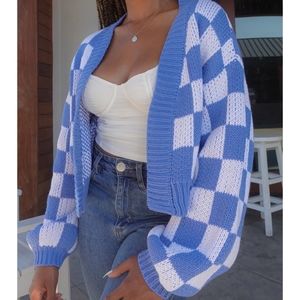 Blue Blush, Chunky Cropped Blue Checkered Cardigan, Medium, blue and White.